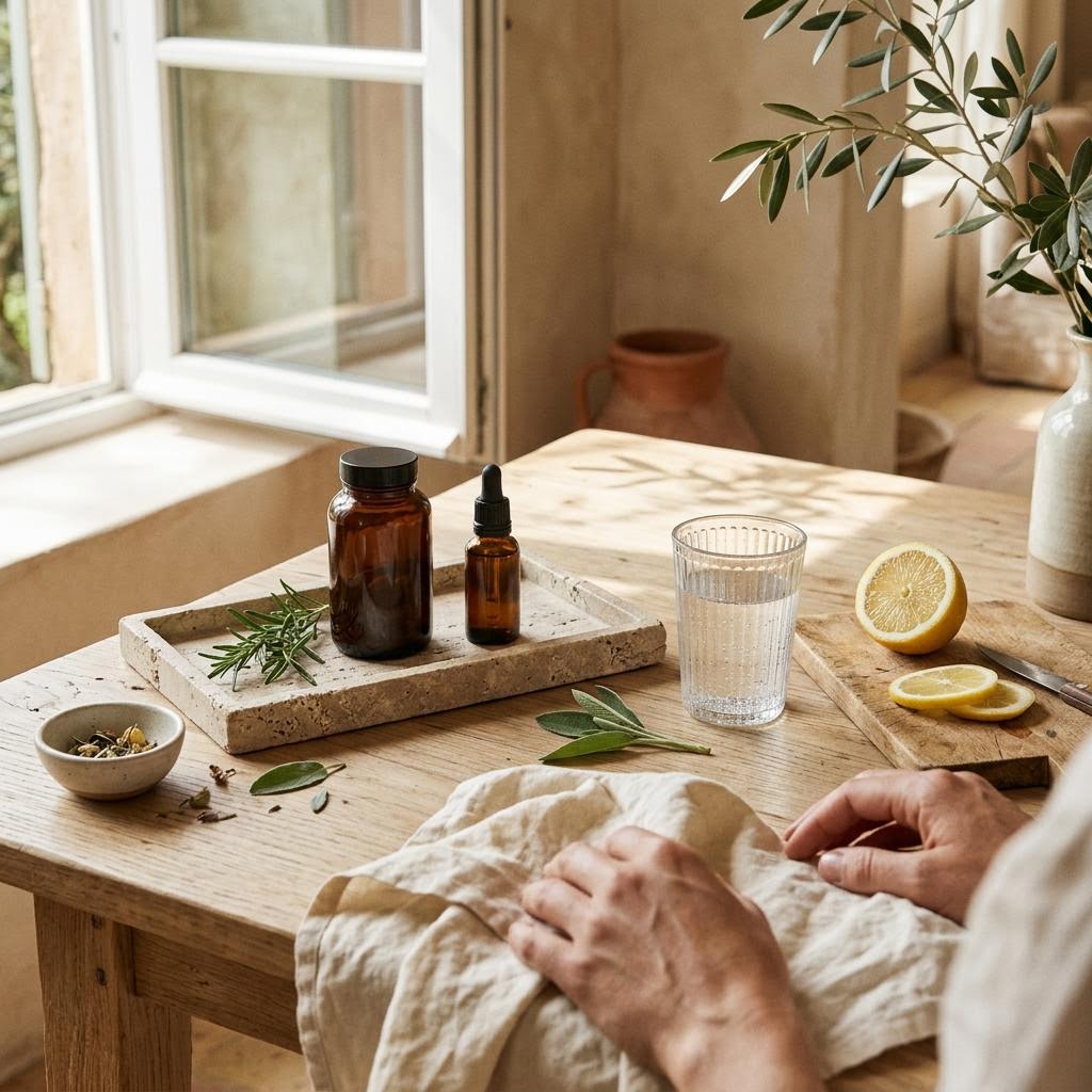 Scena dedicata al benessere quotidiano con elementi naturali e integratori senza marchio per la collezione Benessere di Delmire