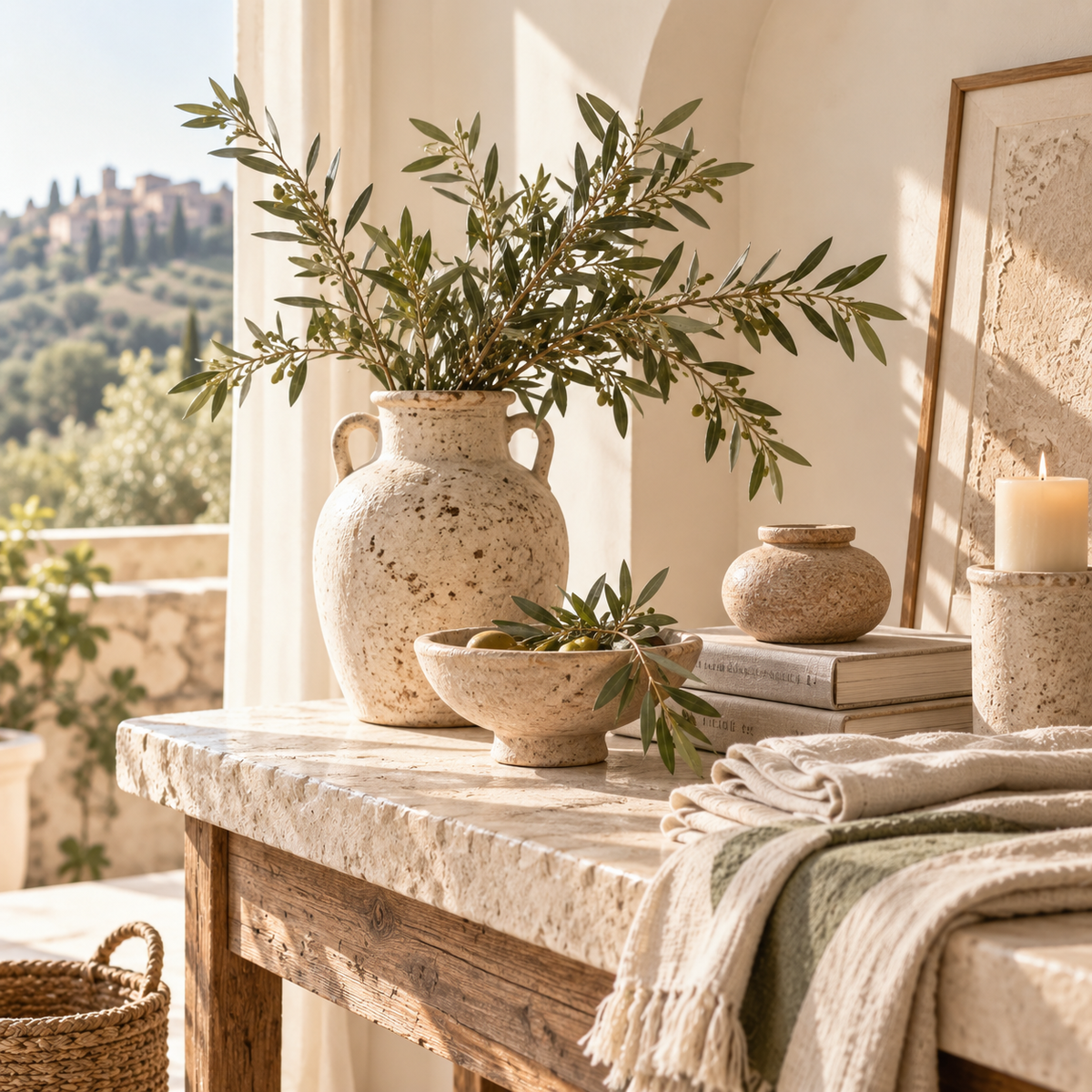 Atmosfera mediterranea con ceramiche e rami di ulivo per la collezione Tavola & Gusto di Delmire