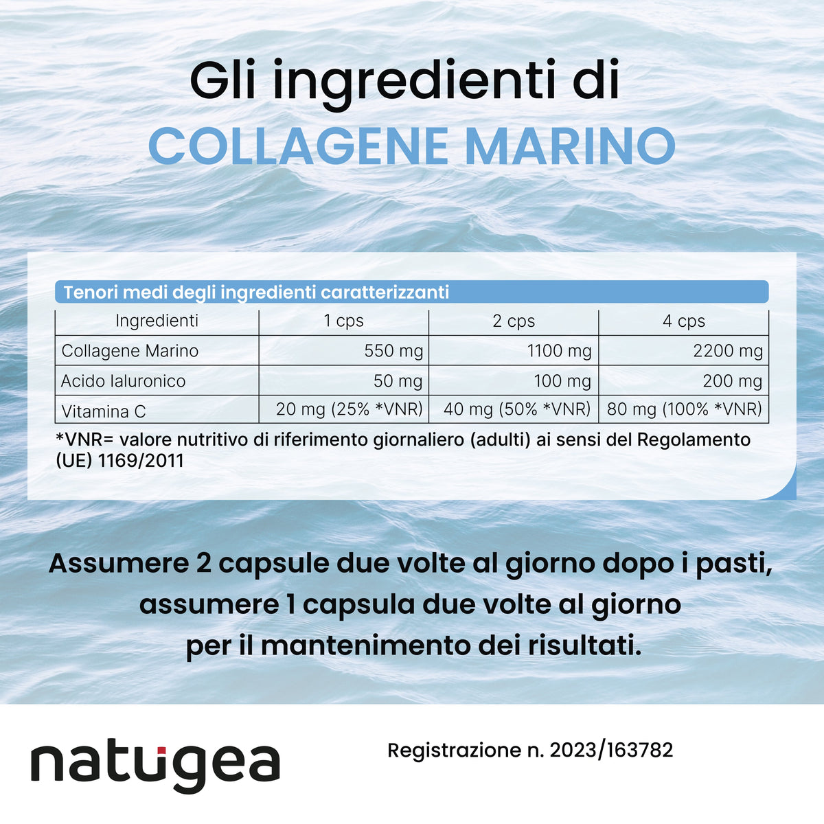 Collagene Marino Idrolizzato Natugea con Acido Ialuronico e Vitamina C – 120 capsule