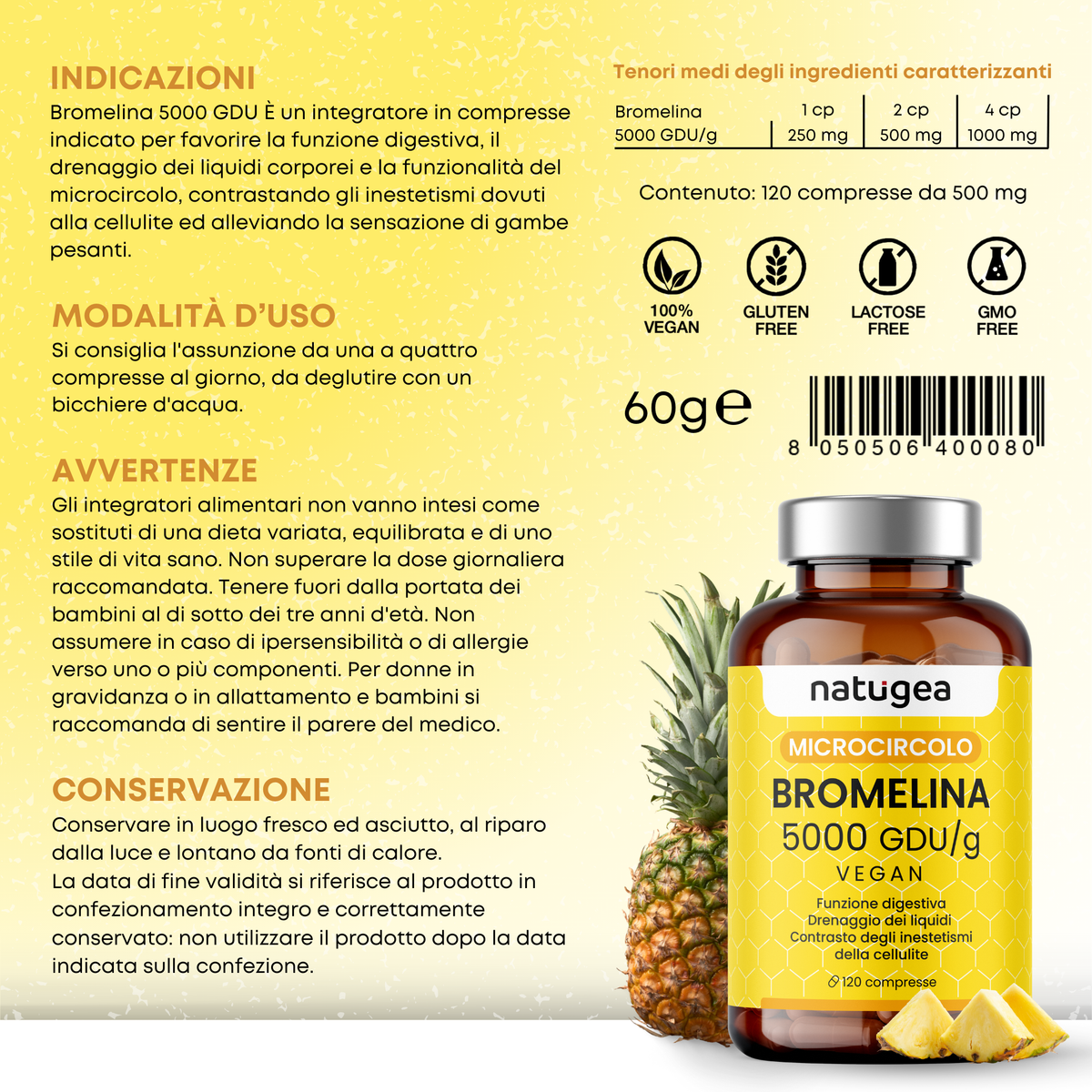 Bromelina 5000 GDU/g da Ananas – 120 compresse vegane